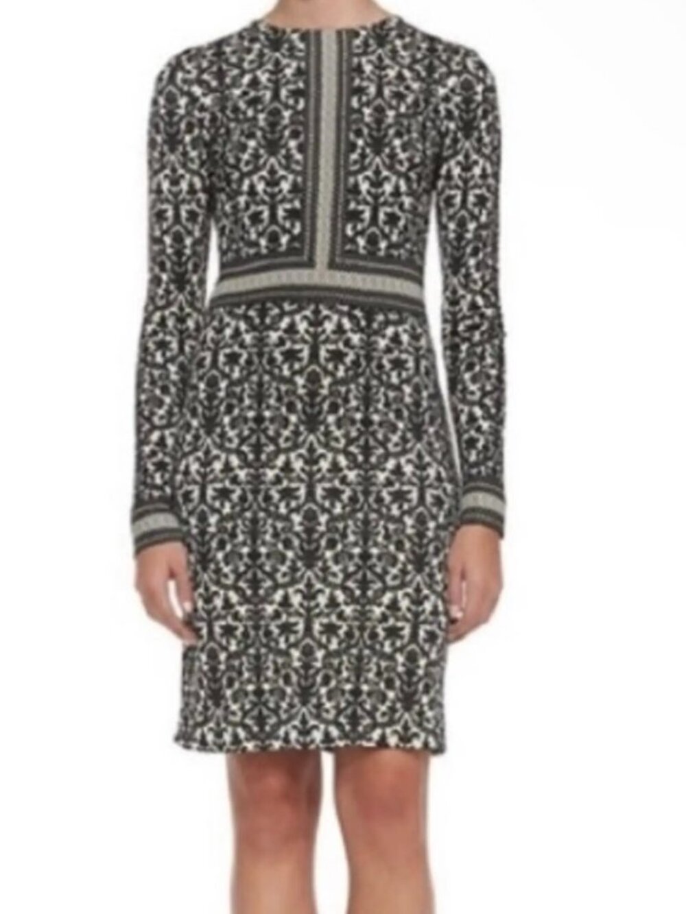 Tory Burch Damask paisley silk jersey shift dress black white pattern Small